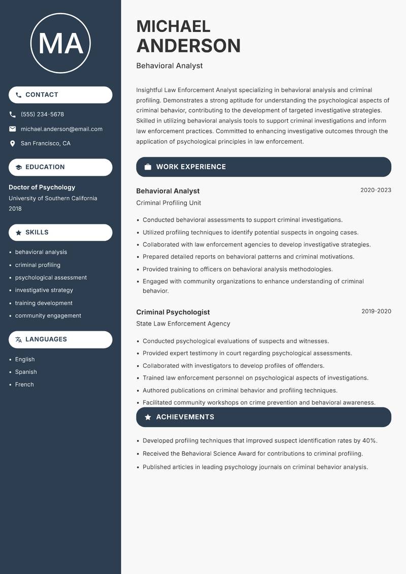 Law Enforcement Analyst resume sample — Behavioral Analyst focus