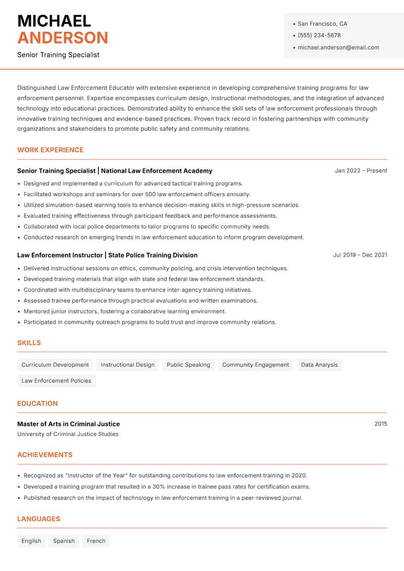Law Enforcement Educator resume sample — Senior Training Specialist focus