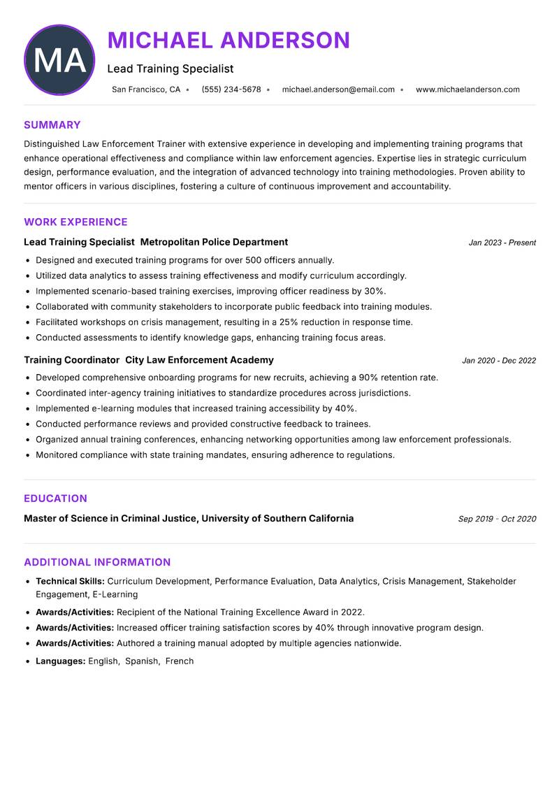 Law Enforcement Trainer resume example
