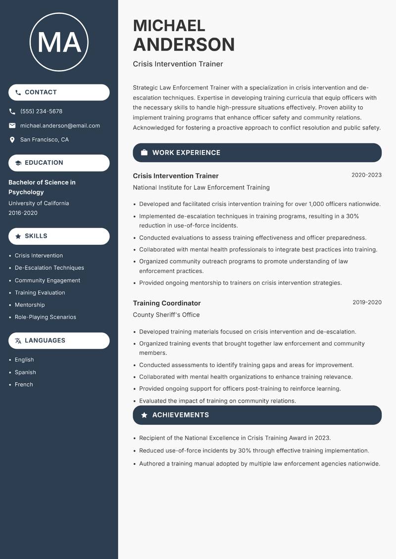 Law Enforcement Trainer resume sample — Crisis Intervention Trainer focus