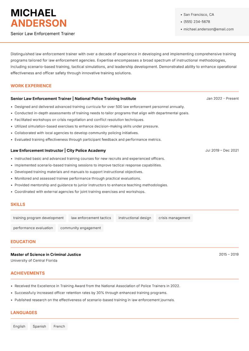 Law Enforcement Trainer resume sample — Senior Law Enforcement Trainer focus