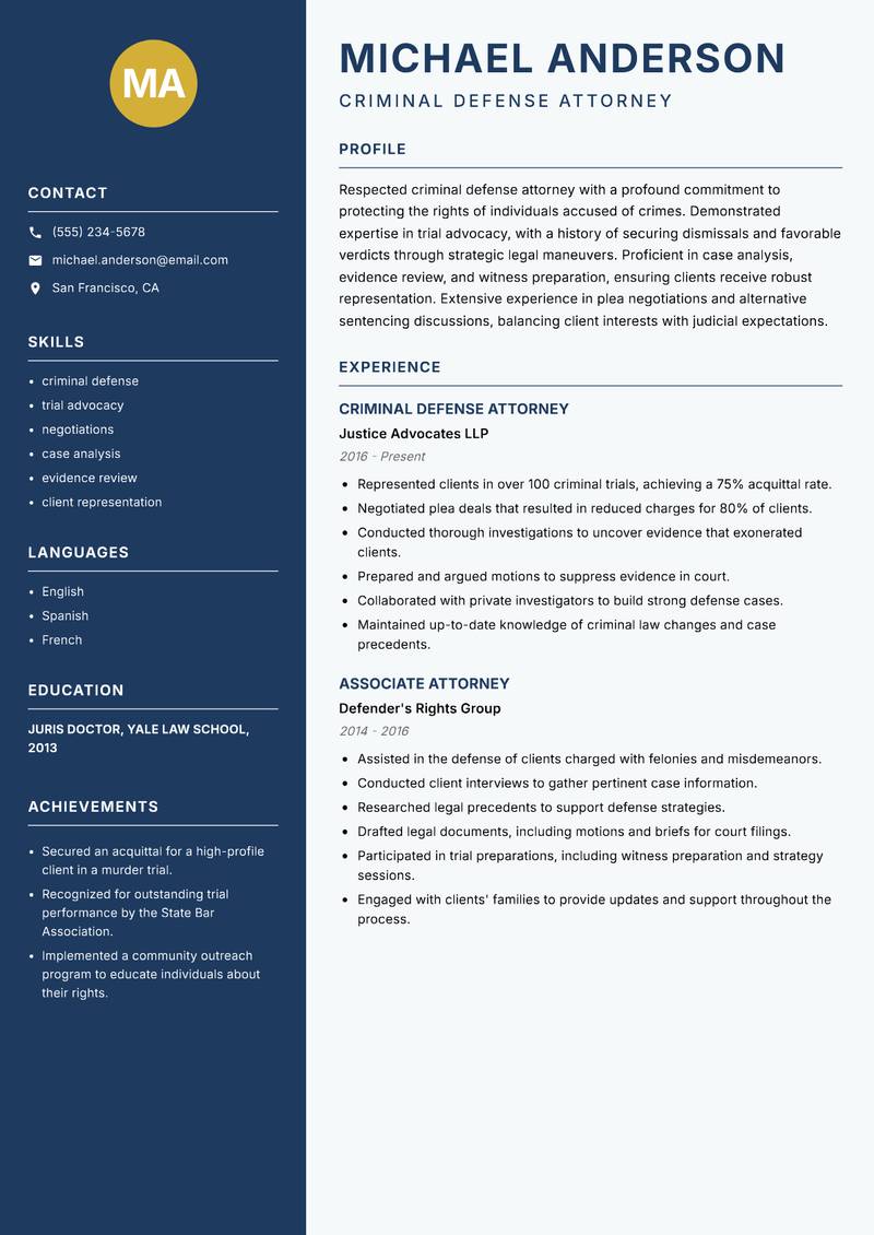 Lawyer resume sample — Criminal Defense Attorney focus