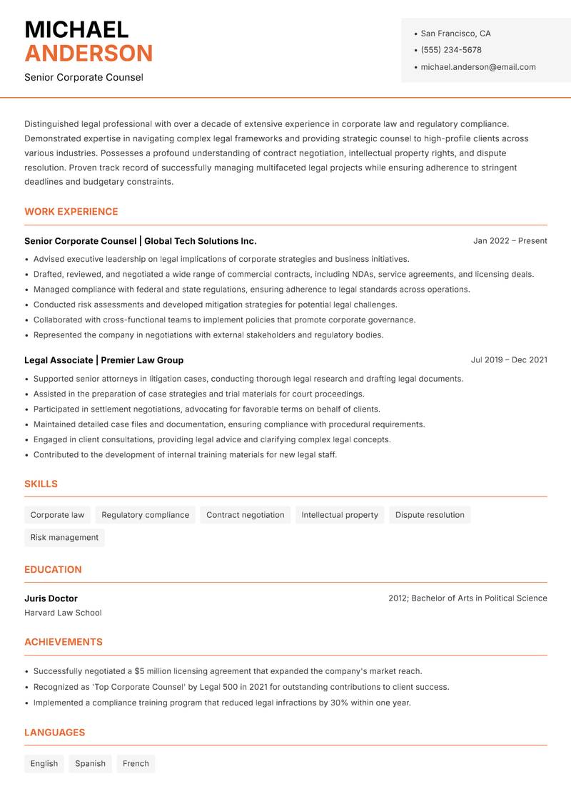 Lawyer resume sample — Senior Corporate Counsel focus