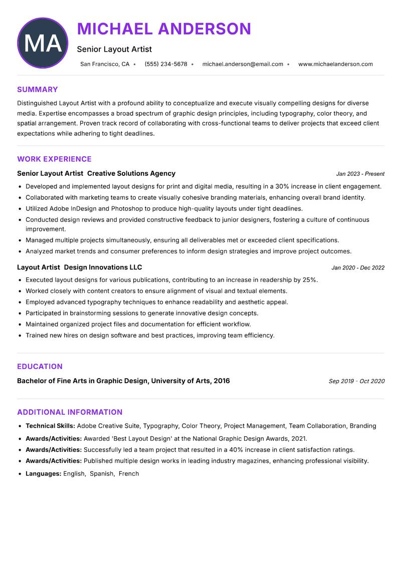 Layout Artist resume example