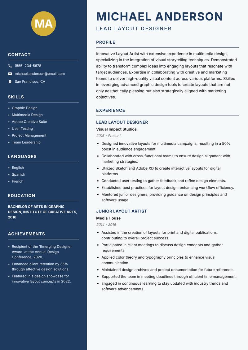 Layout Artist resume sample — Lead Layout Designer focus