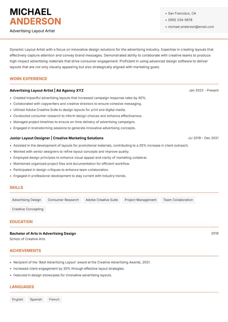 Layout Artist resume sample — Advertising Layout Artist focus