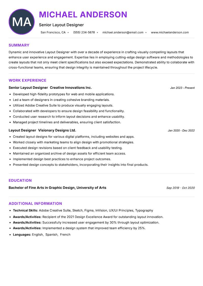 Layout Designer resume example