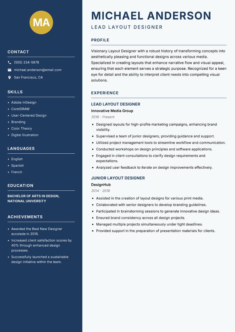 Layout Designer resume sample — Lead Layout Designer focus