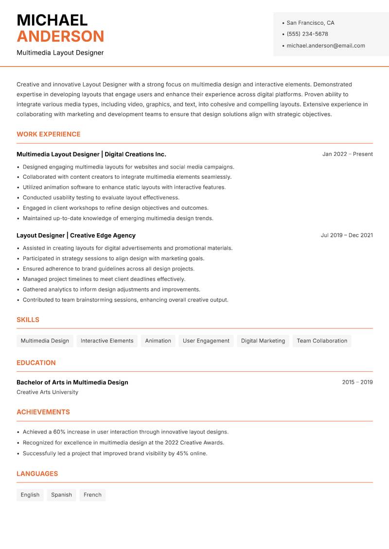 Layout Designer resume sample — Multimedia Layout Designer focus
