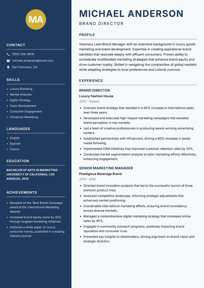 Lead Brand Manager resume sample — Brand Director focus