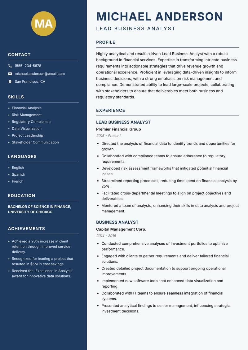 Lead Business Analyst resume sample — Lead Business Analyst focus