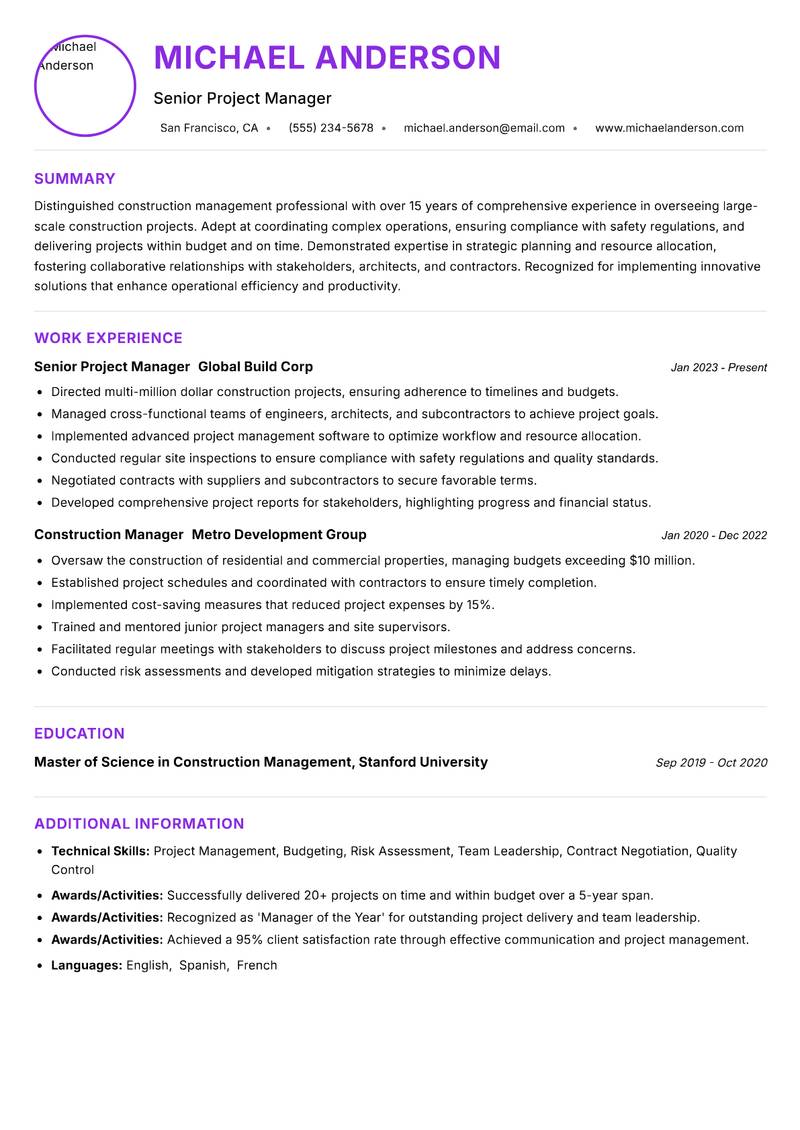 Lead Construction Manager resume example