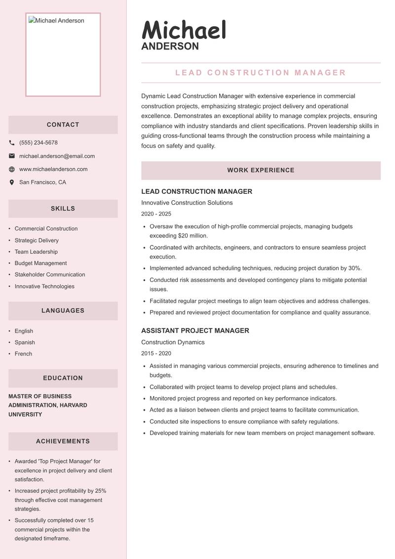 Lead Construction Manager resume sample — Lead Construction Manager focus