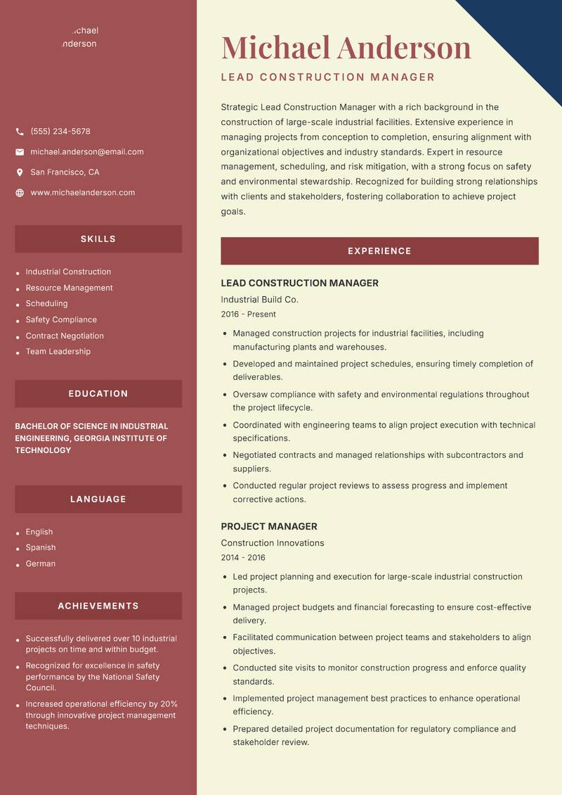 Lead Construction Manager resume sample — Lead Construction Manager focus