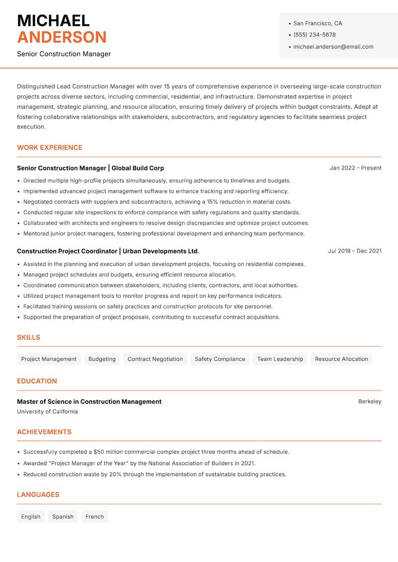Lead Construction Manager resume sample — Senior Construction Manager focus