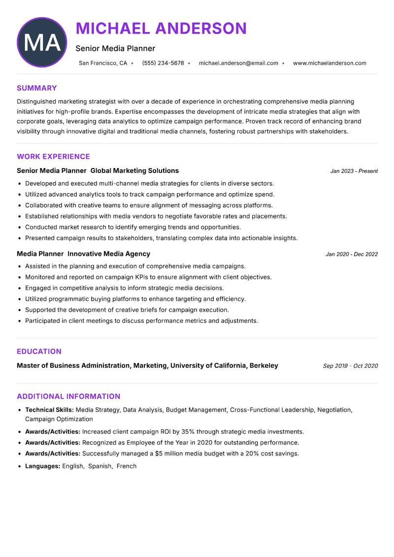 Lead Media Planner resume example