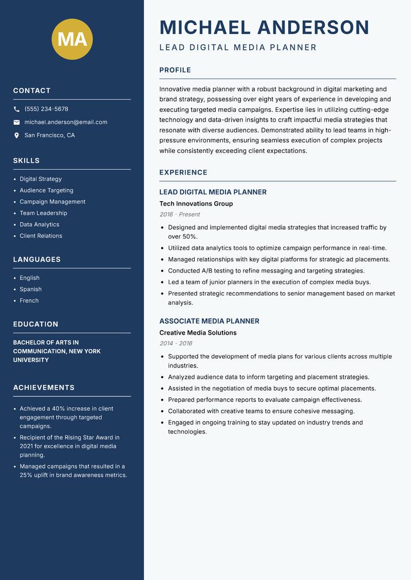 Lead Media Planner resume sample — Lead Digital Media Planner focus
