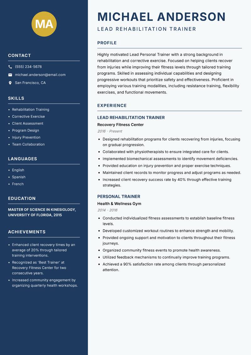Lead Personal Trainer resume sample — Lead Rehabilitation Trainer focus