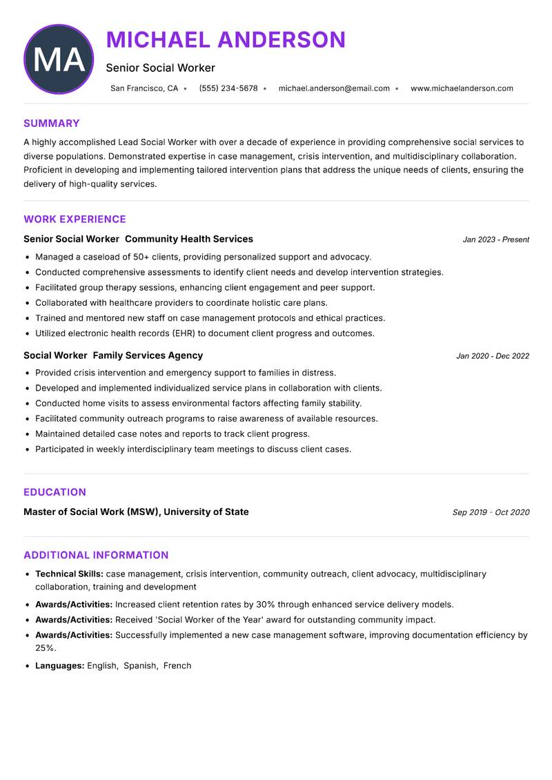 Lead Social Worker resume example
