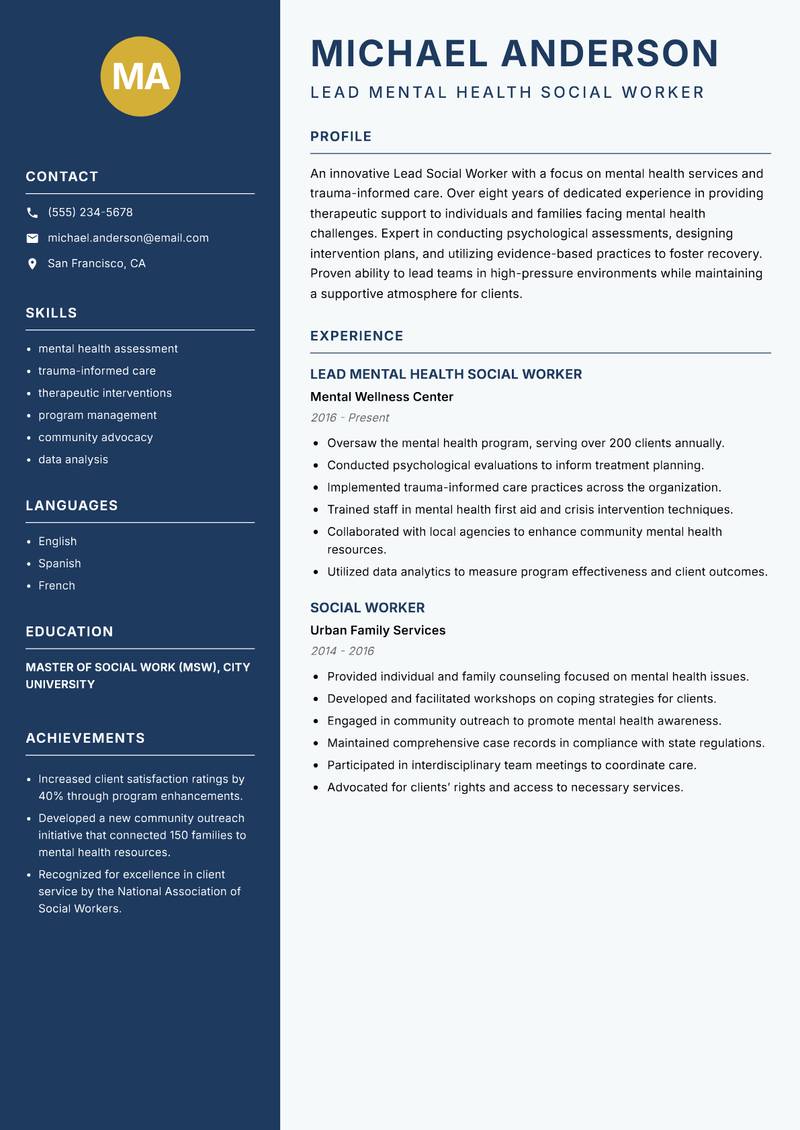 Lead Social Worker resume sample — Lead Mental Health Social Worker focus