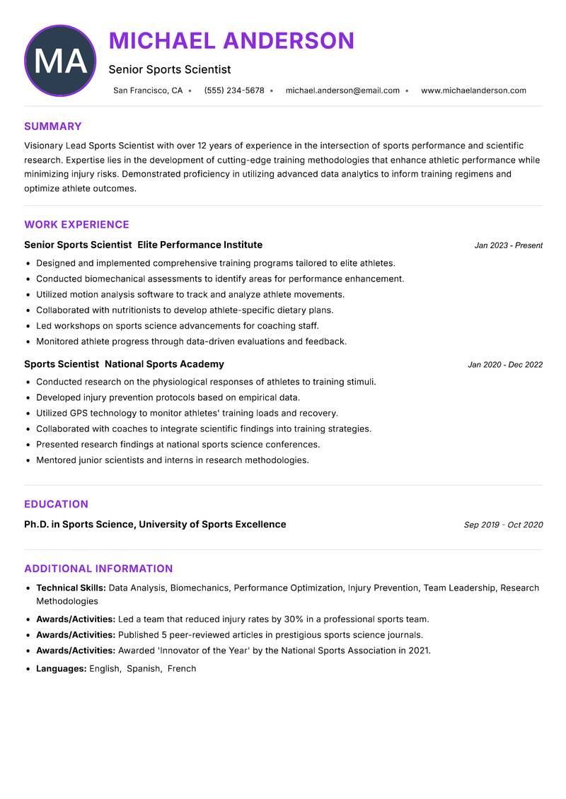 Lead Sports Scientist resume example