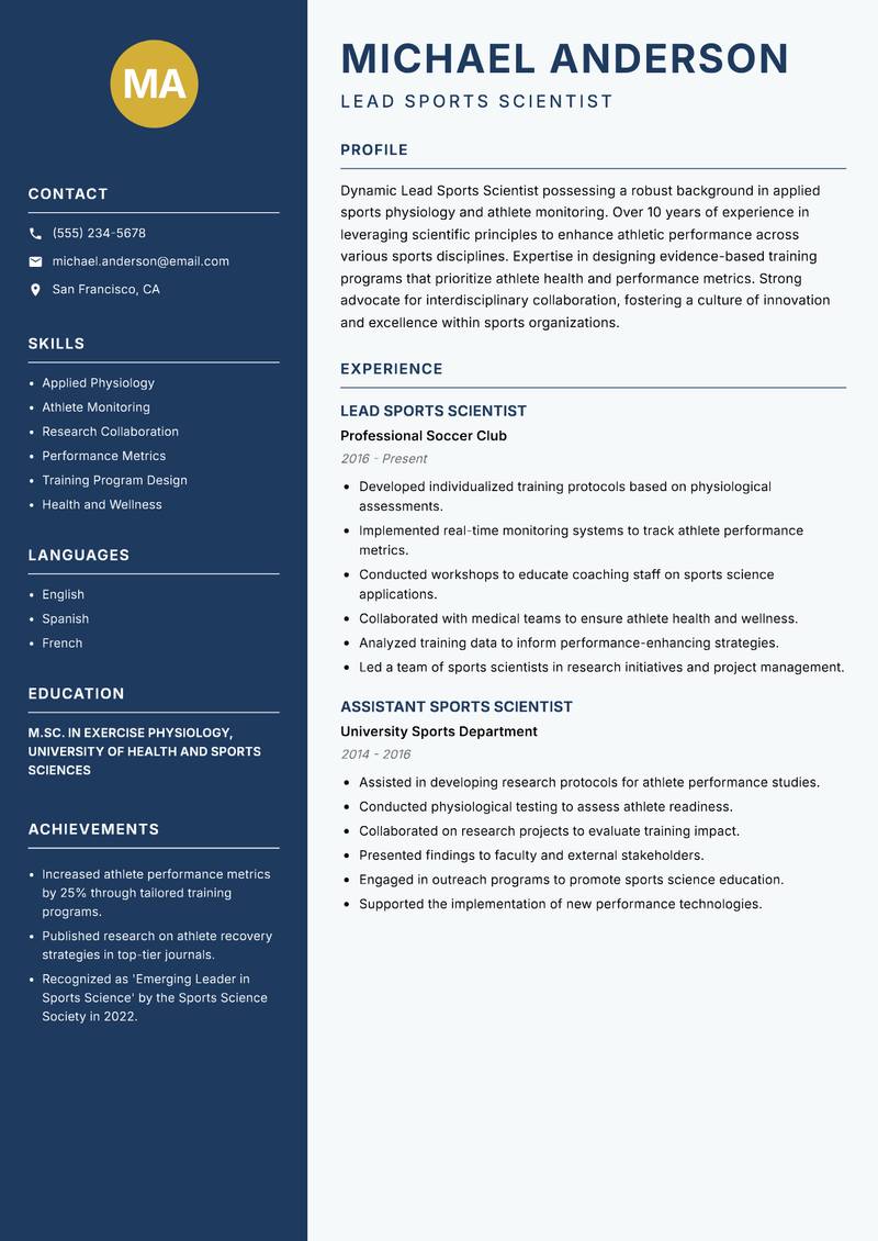 Lead Sports Scientist resume sample — Lead Sports Scientist focus