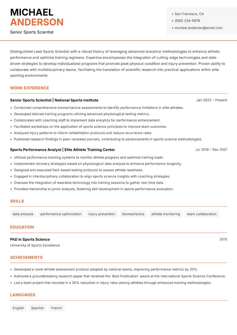 Lead Sports Scientist resume sample — Senior Sports Scientist focus
