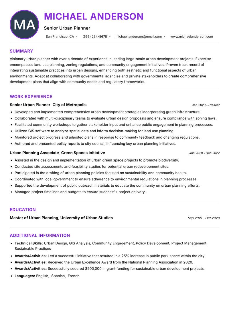 Lead Urban Planner resume example