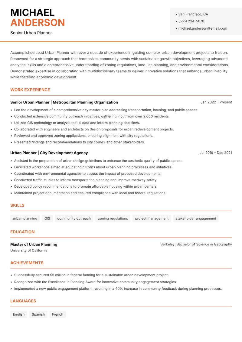 Lead Urban Planner resume sample — Senior Urban Planner focus