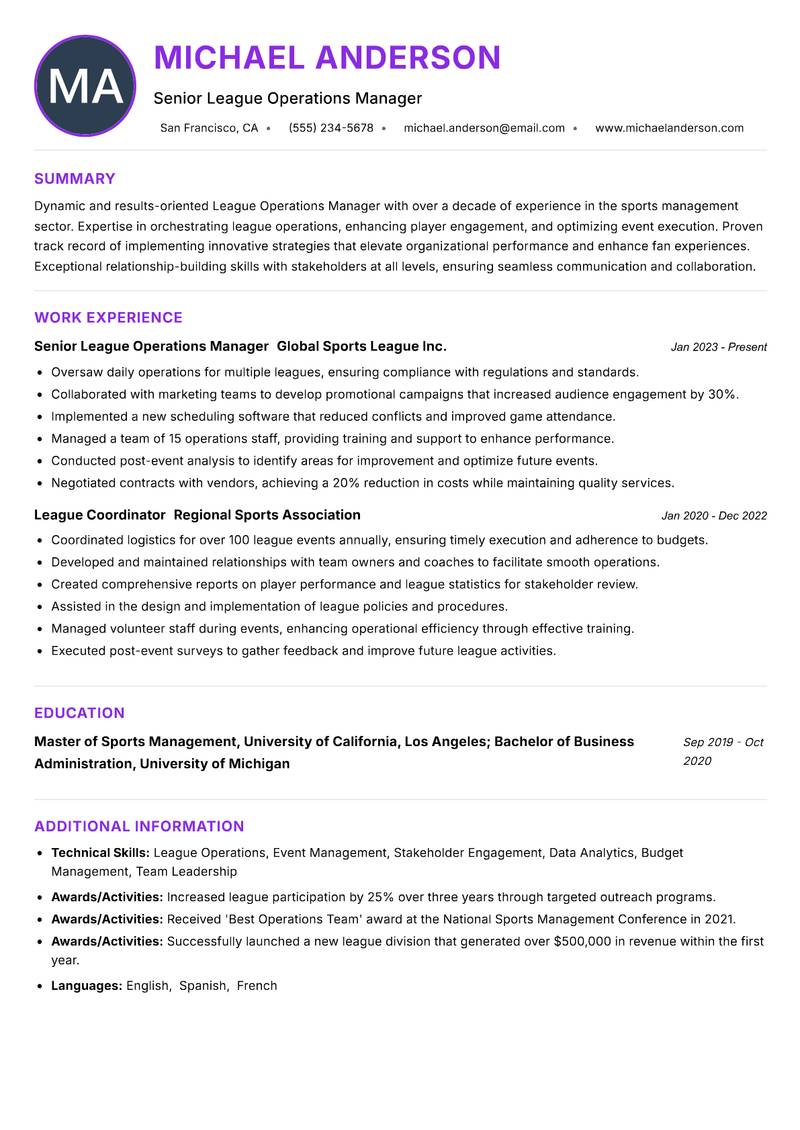 League Operations Manager resume example
