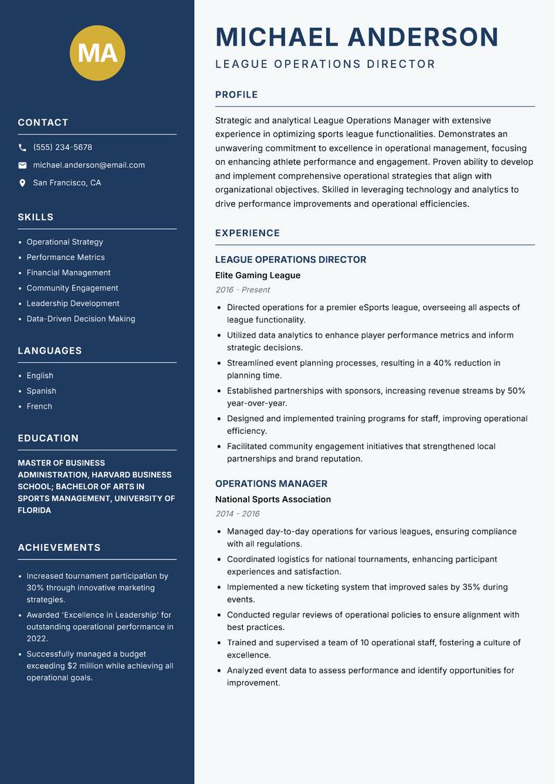League Operations Manager resume sample — League Operations Director focus