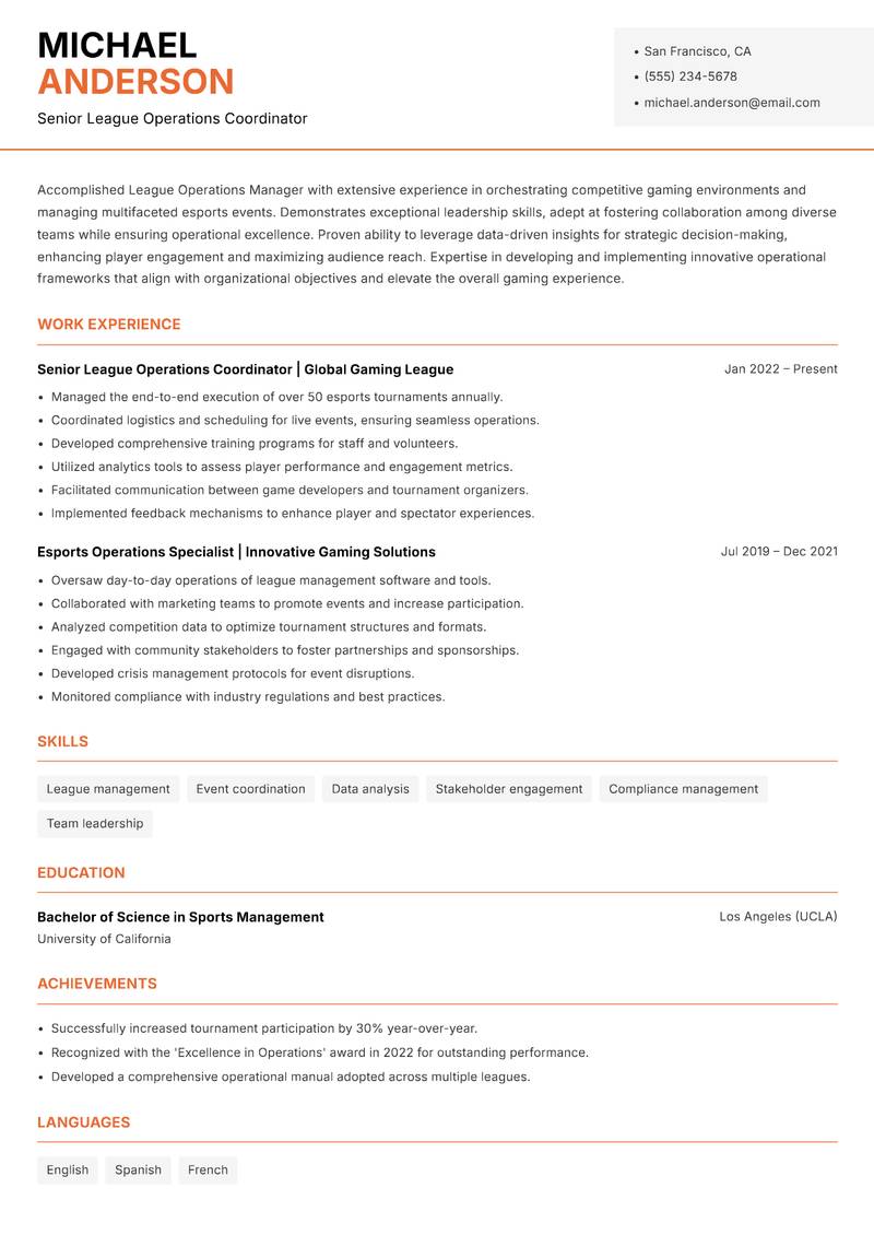 League Operations Manager resume sample — Senior League Operations Coordinator focus
