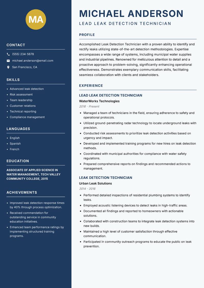 Leak Detection Technician resume sample — Lead Leak Detection Technician focus