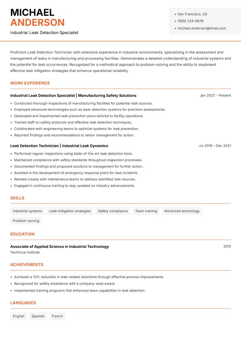 Leak Detection Technician resume sample — Industrial Leak Detection Specialist focus
