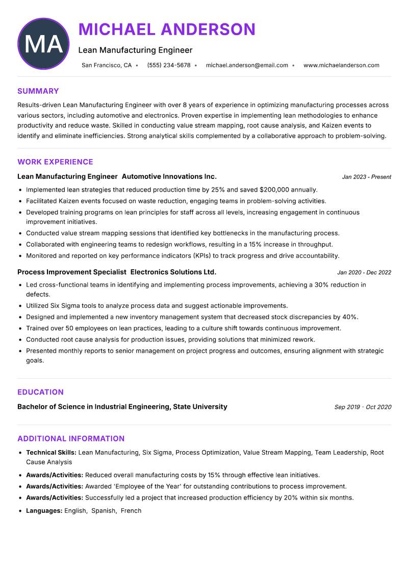 Lean Manufacturing Engineer resume example