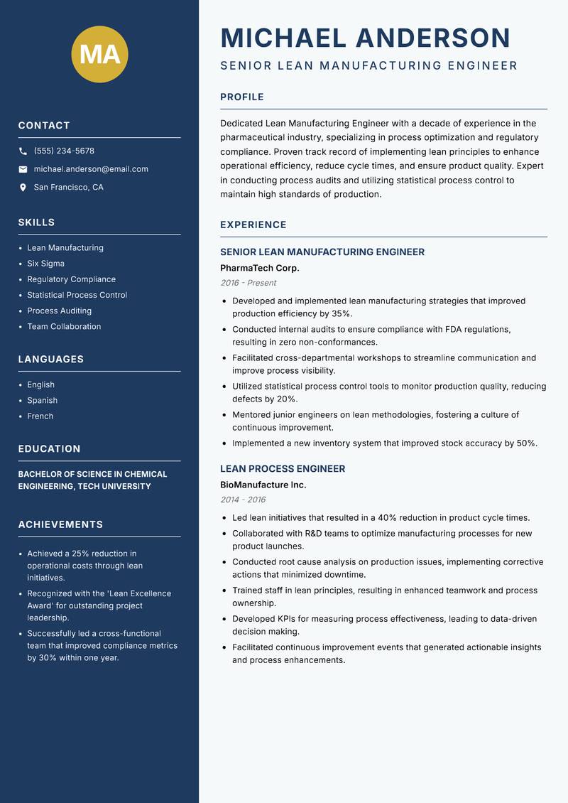 Lean Manufacturing Engineer resume sample — Senior Lean Manufacturing Engineer focus