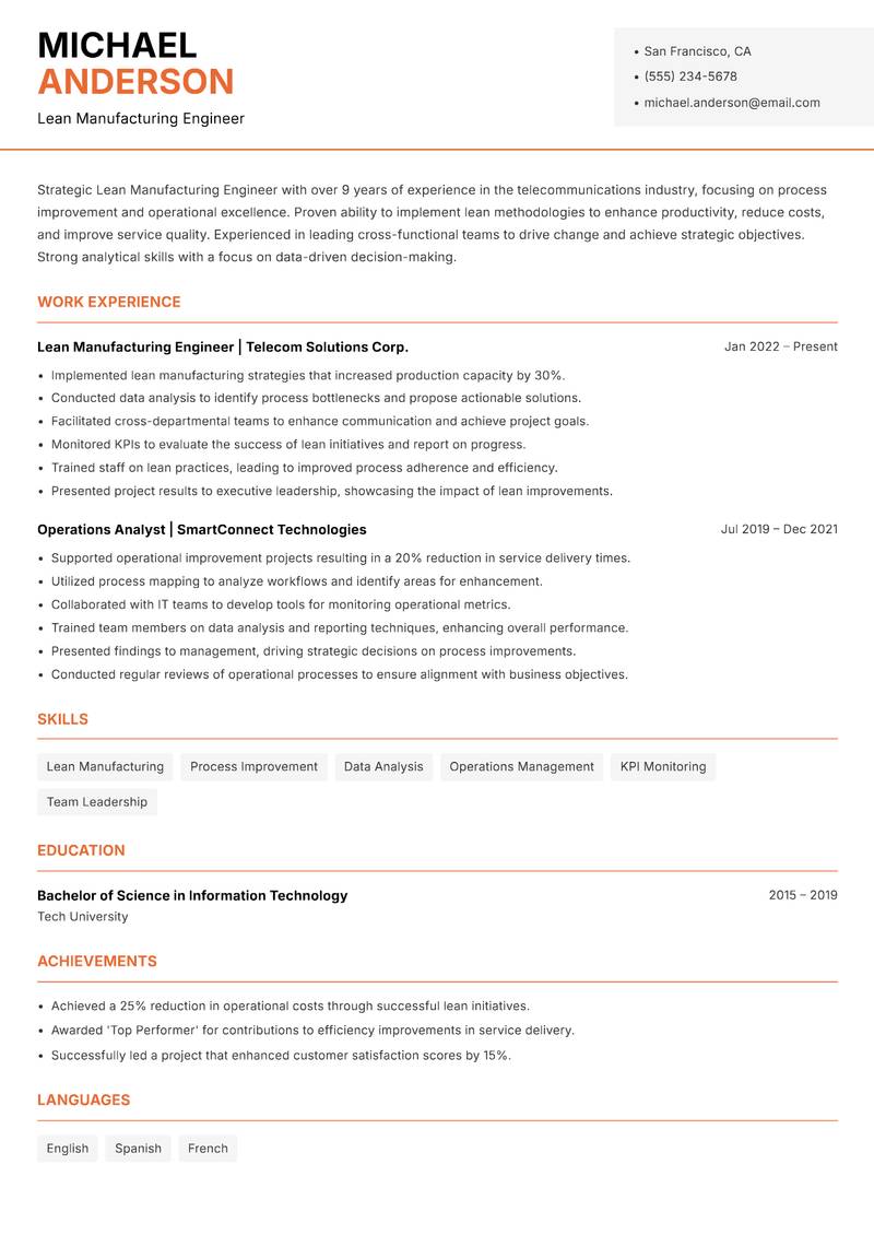 Lean Manufacturing Engineer resume sample — Lean Manufacturing Engineer focus