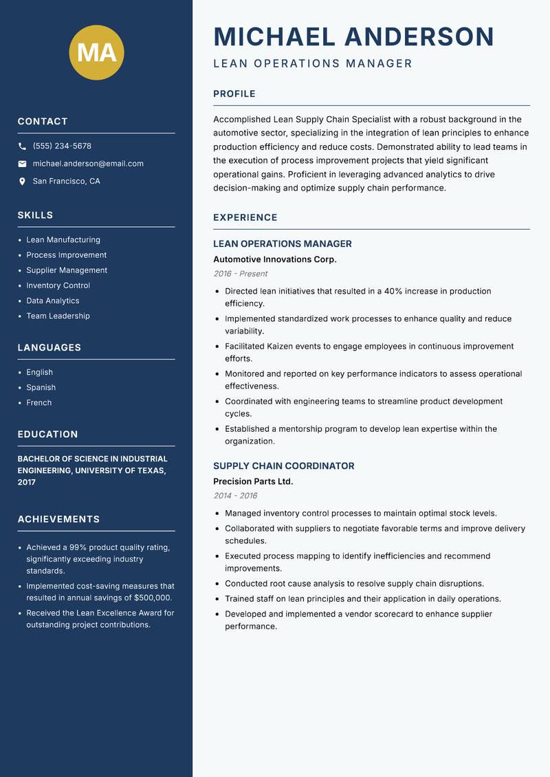 Lean Supply Chain Specialist resume sample — Lean Operations Manager focus