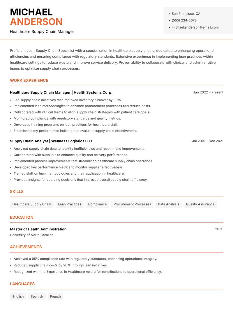 Lean Supply Chain Specialist resume sample — Healthcare Supply Chain Manager focus