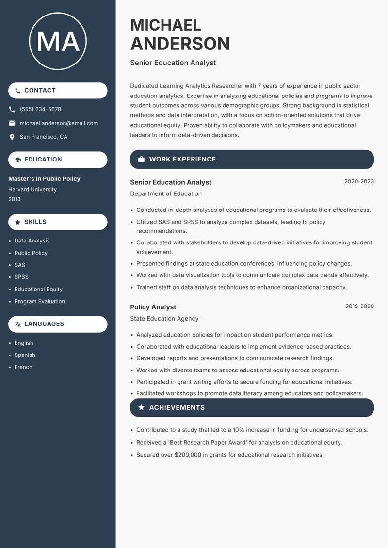 Learning Analytics Researcher resume sample — Senior Education Analyst focus