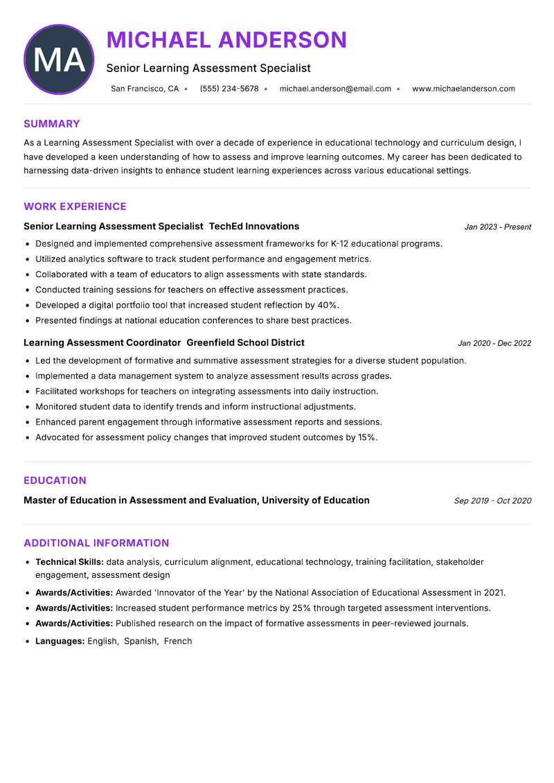 Learning Assessment Specialist resume example