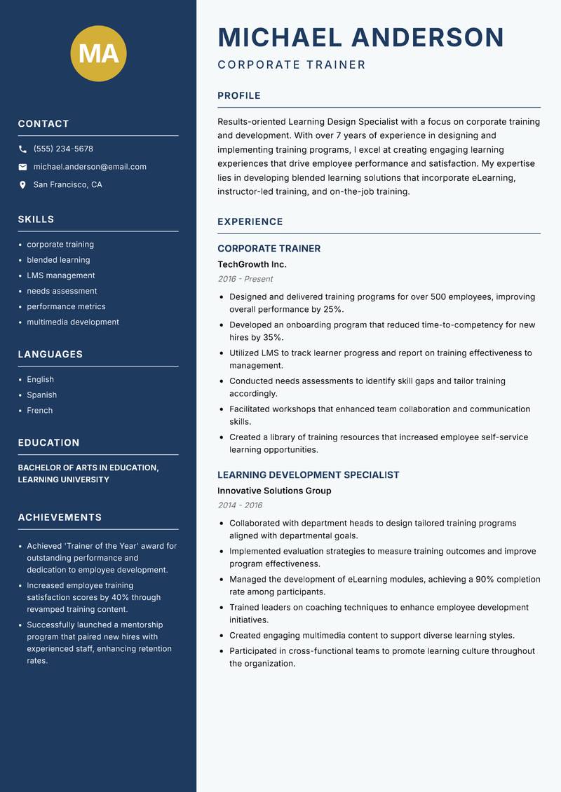 Learning Design Specialist resume sample — Corporate Trainer focus