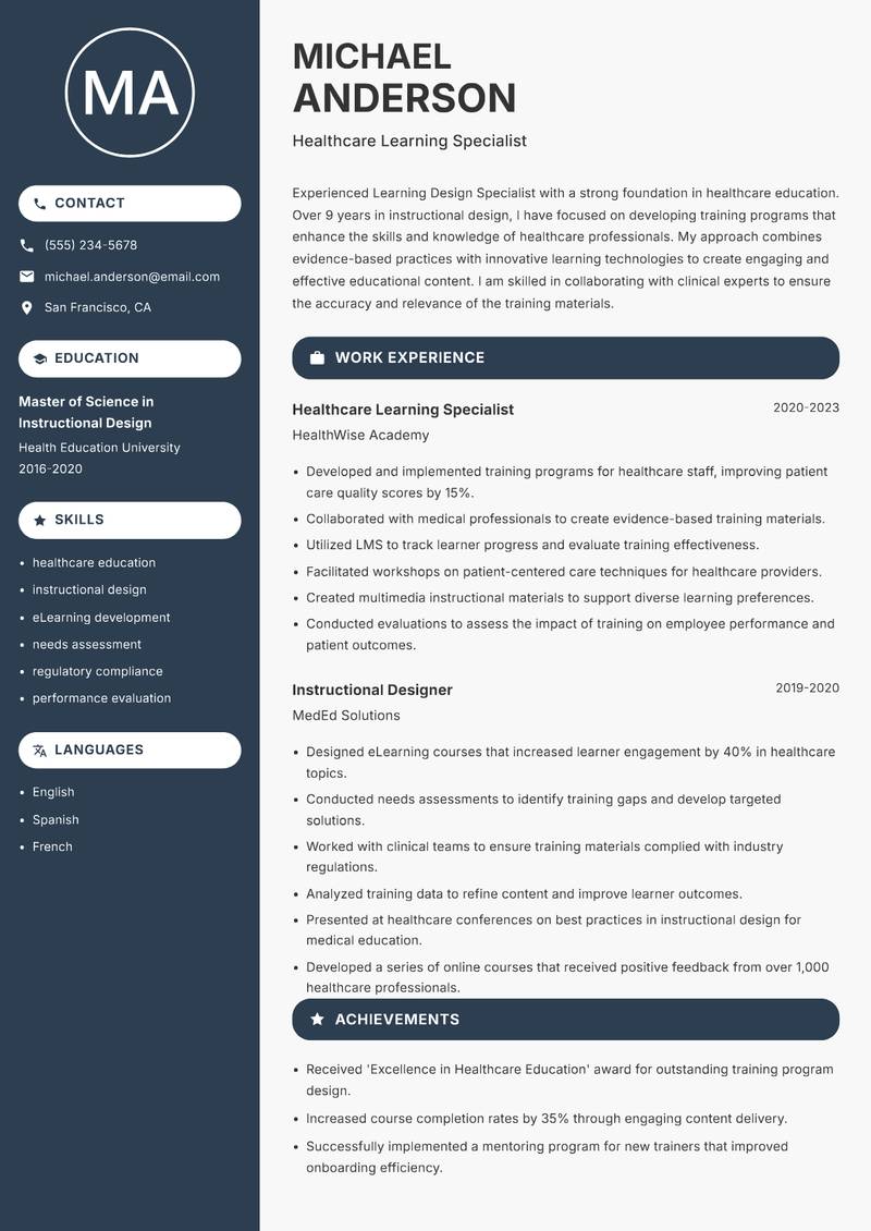 Learning Design Specialist resume sample — Healthcare Learning Specialist focus