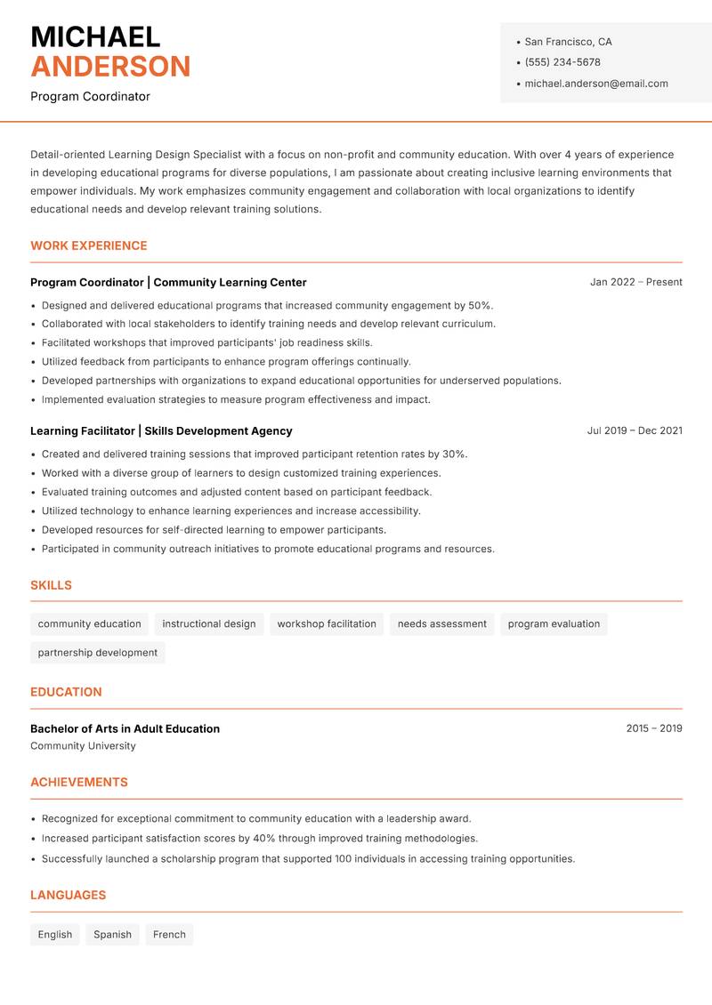 Learning Design Specialist resume sample — Program Coordinator focus