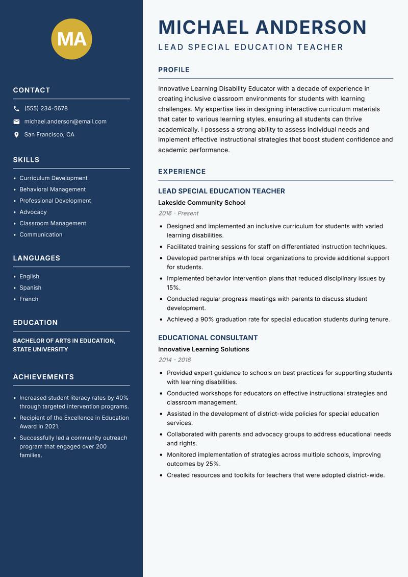Learning Disability Educator resume sample — Lead Special Education Teacher focus