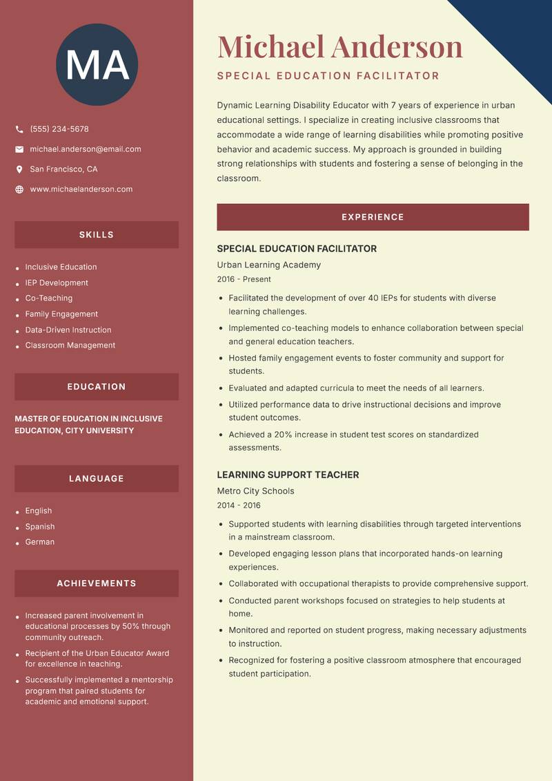 Learning Disability Educator resume sample — Special Education Facilitator focus