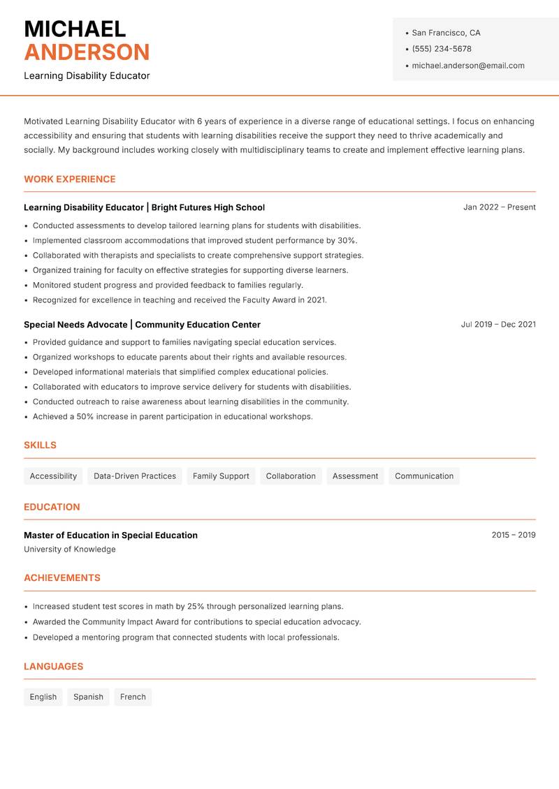 Learning Disability Educator resume sample — Learning Disability Educator focus