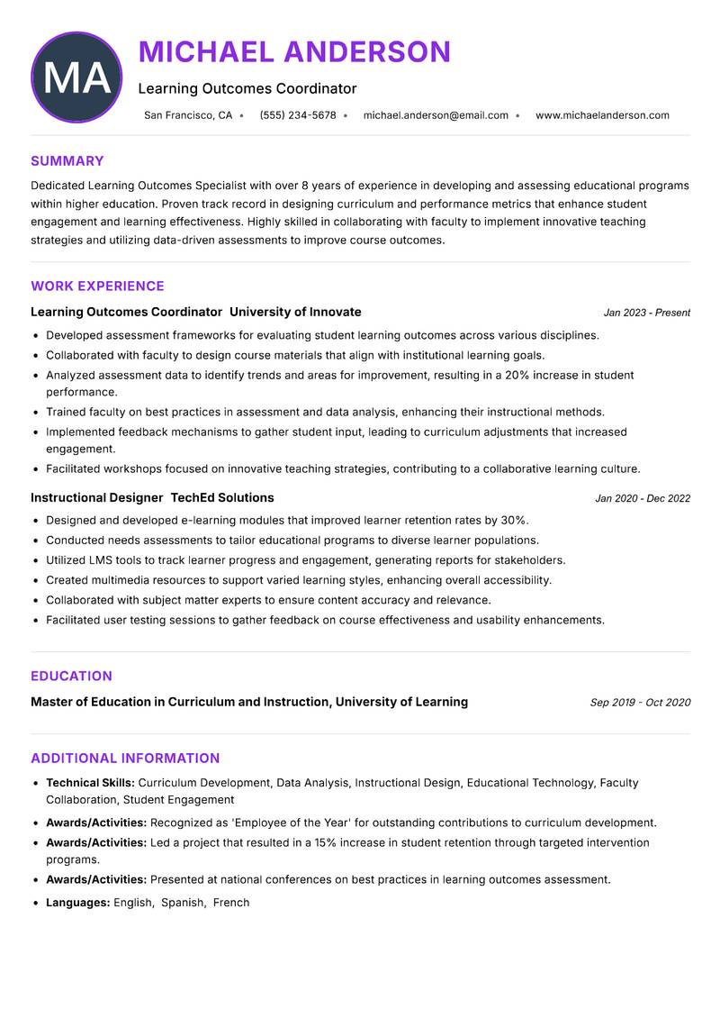 Learning Outcomes Specialist resume example