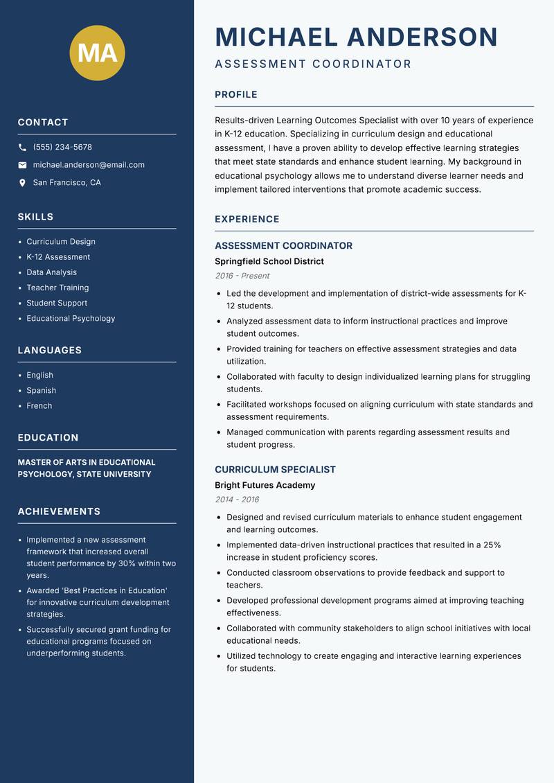 Learning Outcomes Specialist resume sample — Assessment Coordinator focus
