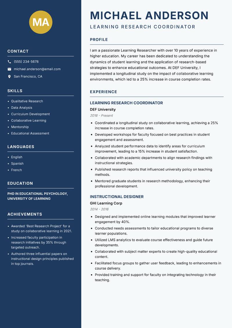 Learning Researcher resume sample — Learning Research Coordinator focus